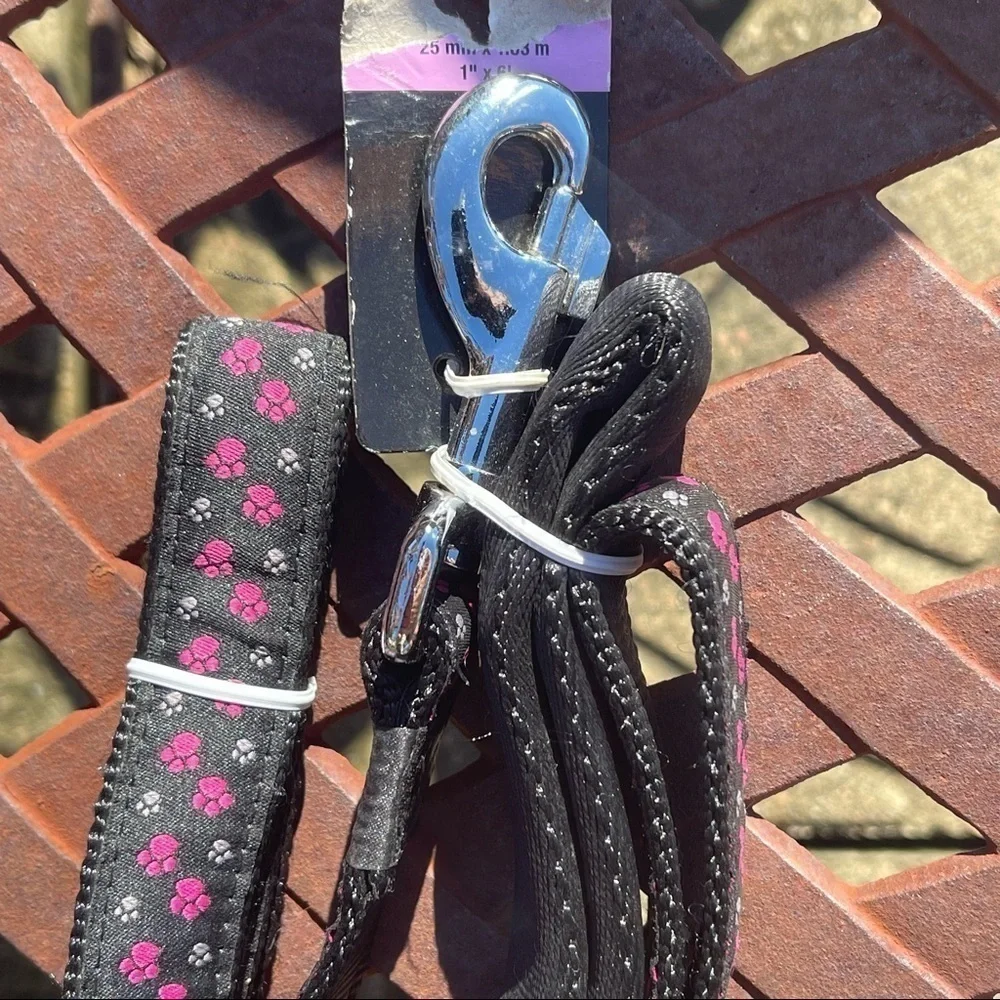 Dog It Collar & Leash Set Black With Pink & Gray Paw Prints, SilverTone…